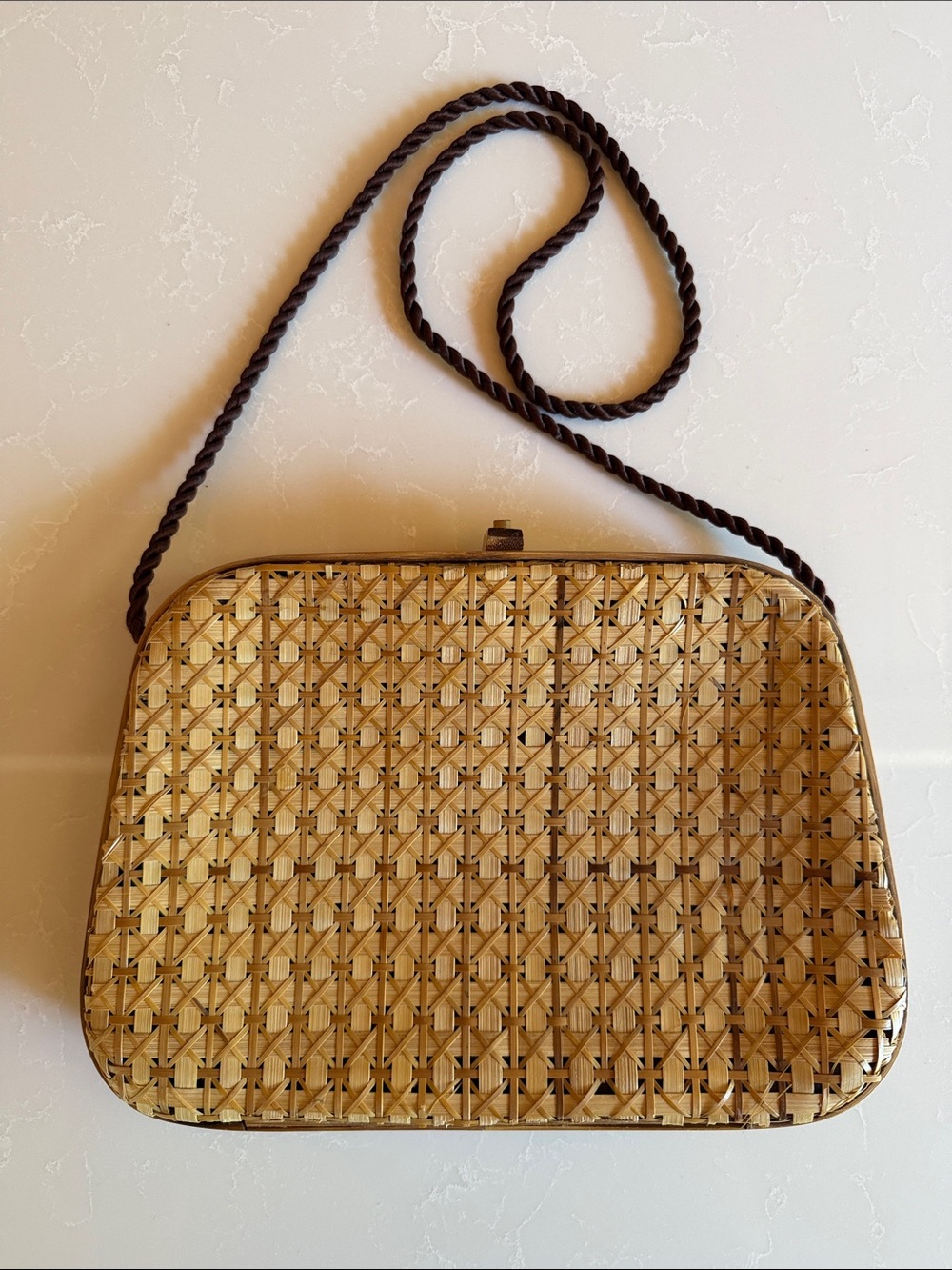 Vintage Woven Rattan Lined Purse with Cording Handle - Natural, inner pocket
